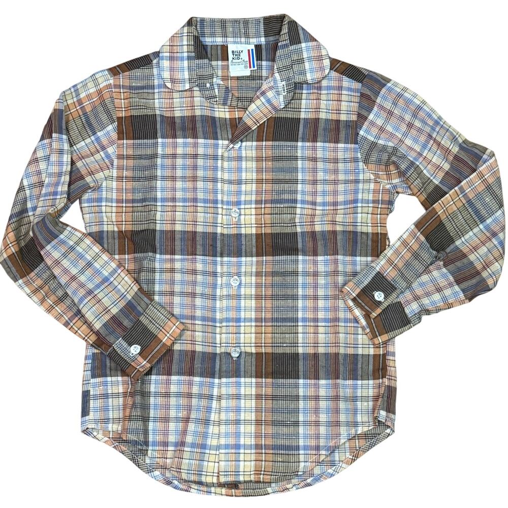 Vintage 70s Billy The Kid Tan Blue Plaid Long Sleeve Button Front Shirt 10